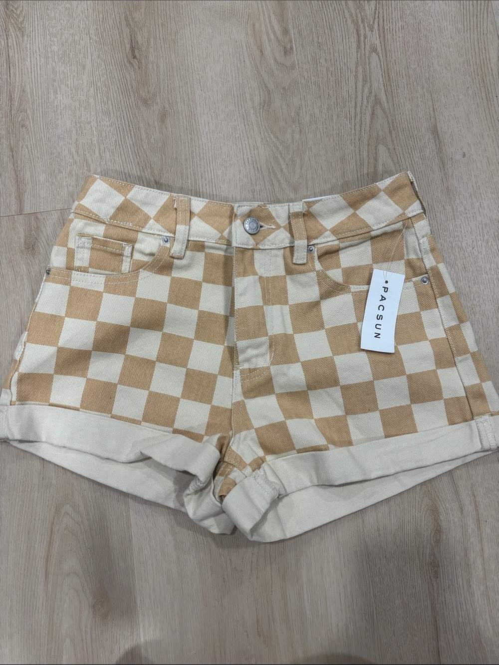PacSun Beige & Cream Checkerboard High-Rise Shorts